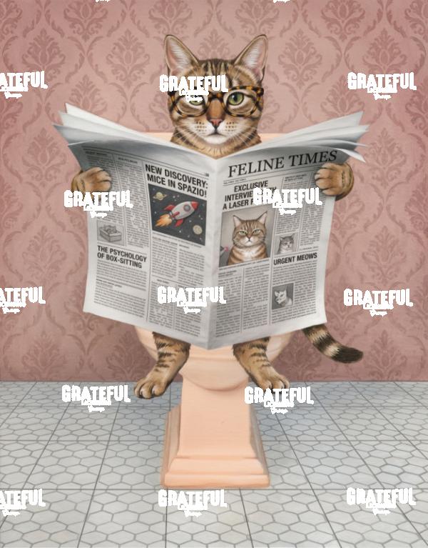 Cat Reading Newspaper on the Toilet