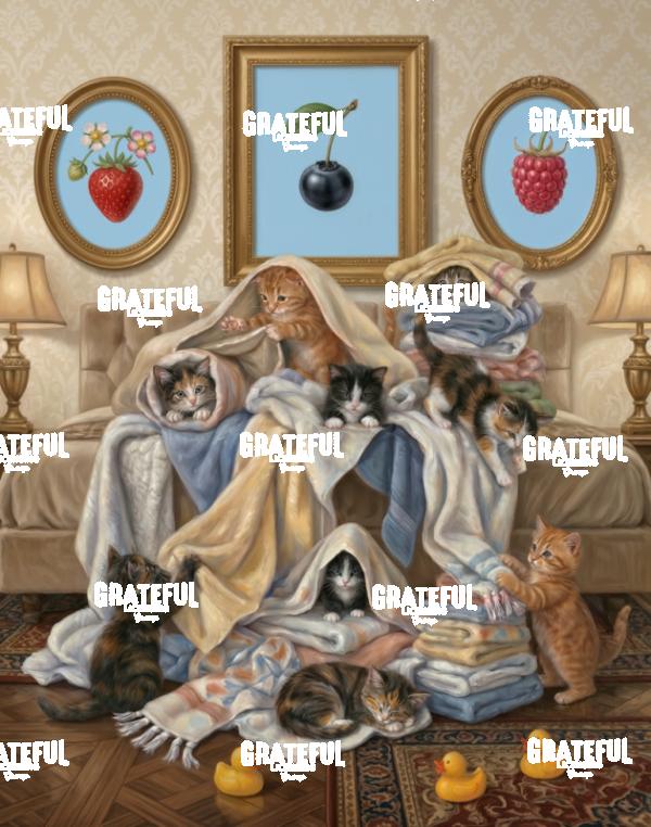 Kittens folding Towels on the Bed with Duckies