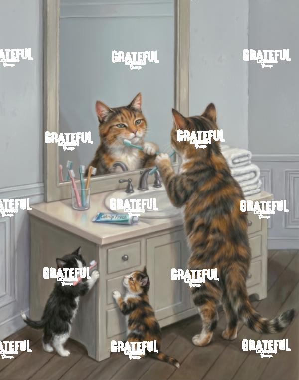 Cat and Kittens Brushing their Teeth