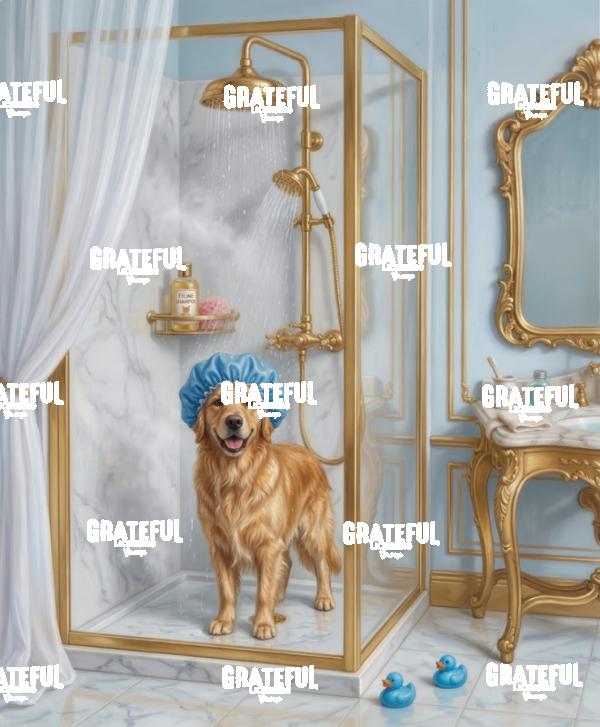Shower Time, Blue Cap Golden Retriever
