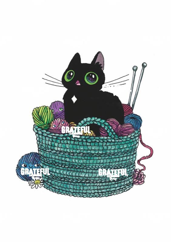 Knitting Cat in Basket