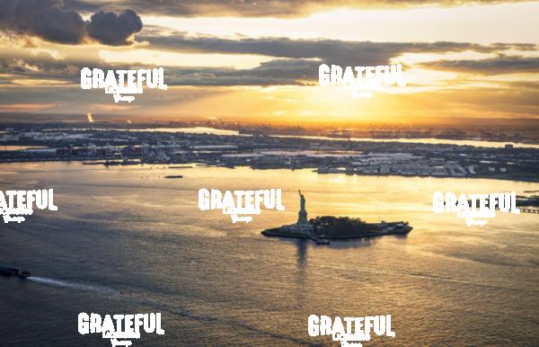 the Statue of Liberty at sunset from high above