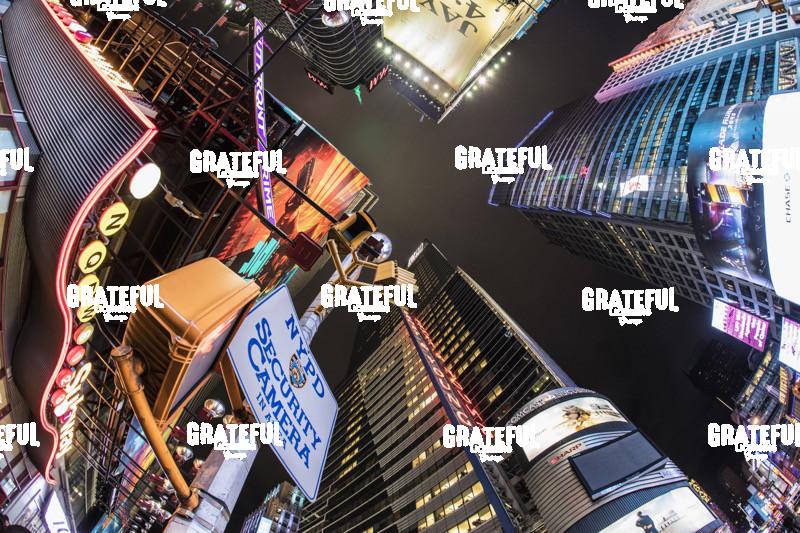 Wide angle view neon lights in Times Square, NYC