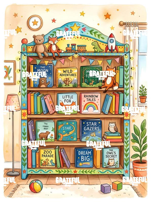 Child's Bookshelf With Toys Watercolor
