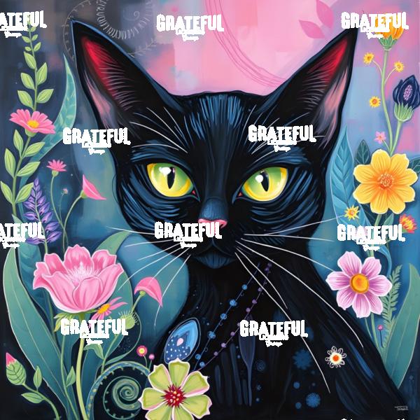Black Cat With Pink Flowers