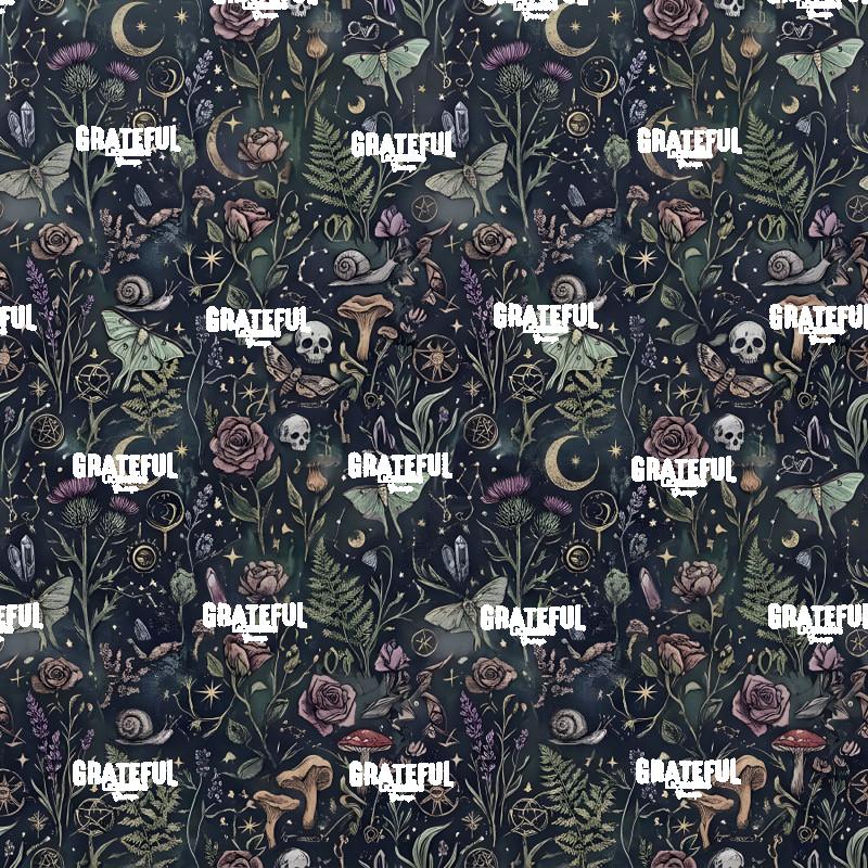 Dark Forest Lunar Moths and Skulls Seamless Print
