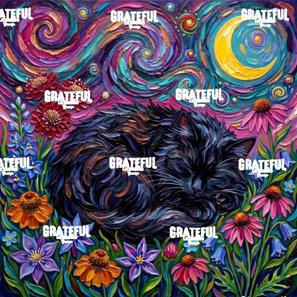 Amongst the Flowers - Sleeping Black Cat