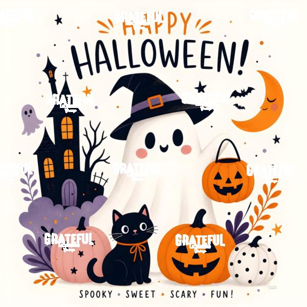 Adorable Ghost Witch and Pumpkins