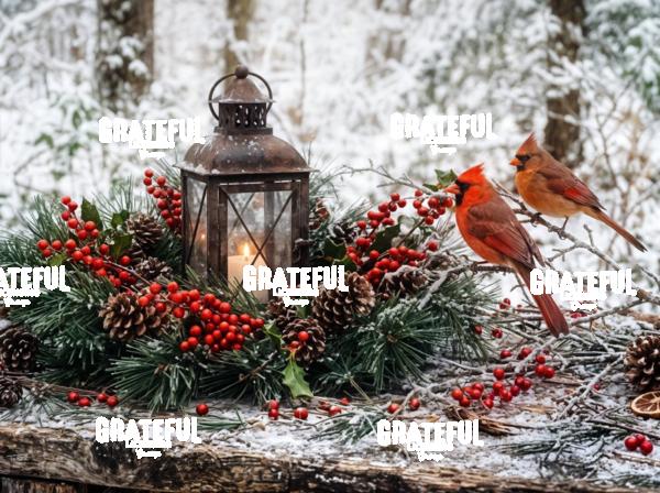 Winter Cardinals and Lantern