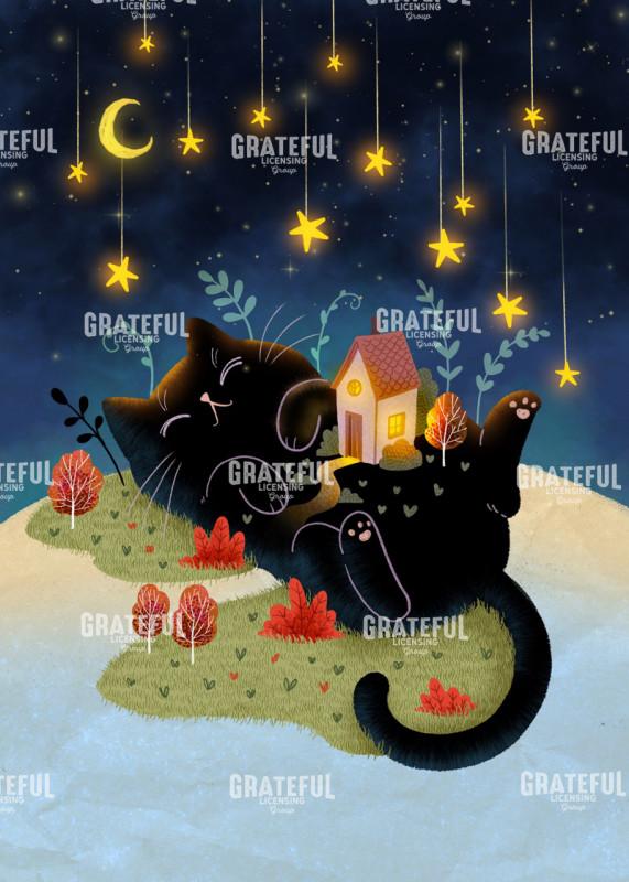 Sleeping Cat Under Starry Sky