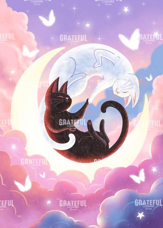Yin Yang Cats on Crescent Moon
