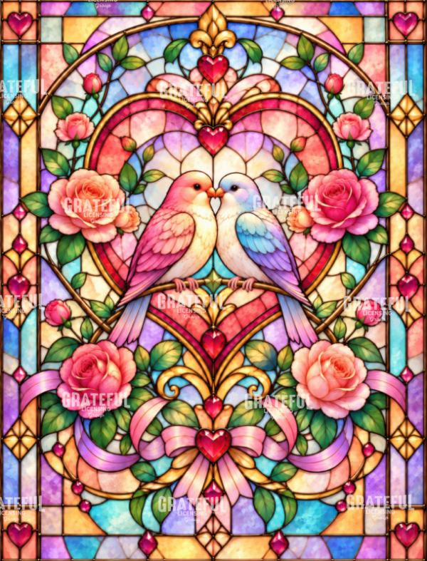 Art Nouveau Lovebirds in Stained Glass